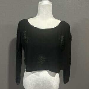 Alythea Destroyed Black Long Sleeve Crop Top S NWOT